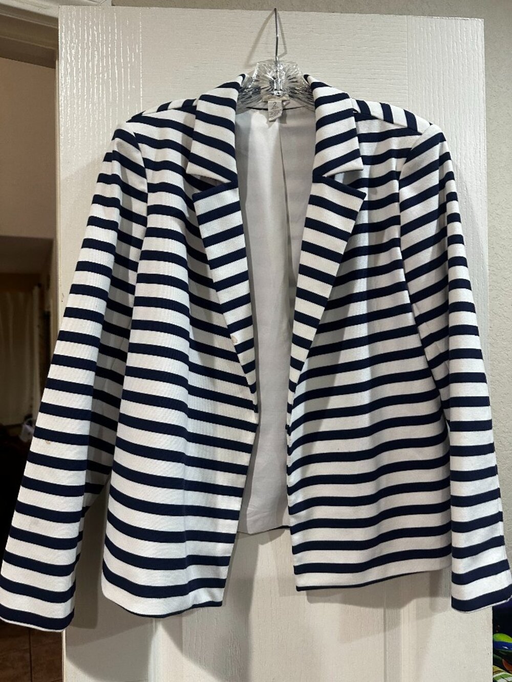 Chico’s Navy Blue & White Striped Open Front Blazer Jacket Size 2